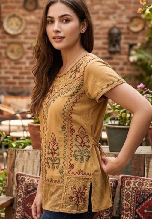 S.R. Fashion Tops - Unique Embroidered Bollywood Style Tunic Blouse with Cinching Tie in Back